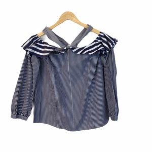 J. Crew blue striped blouse cold shoulder straps